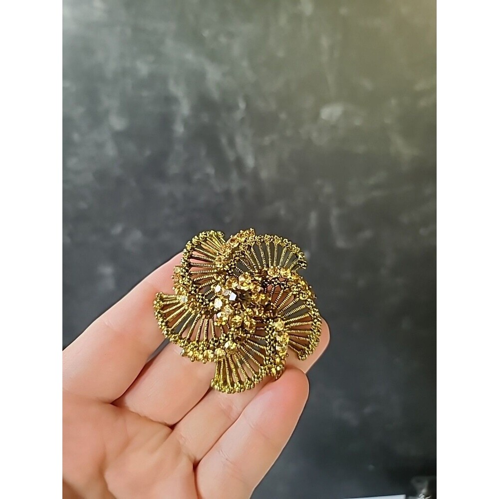 Rhinestone Floral Gold Tone Metal Brooch/Pendant Combo Vintage Costume Jewelry